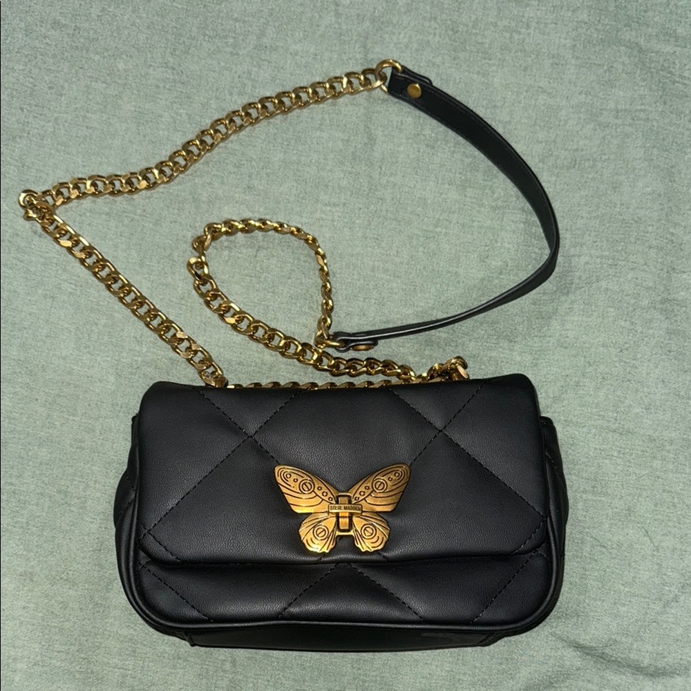 Steve Madden Black Crossbody Bag with Gold Chain and Butterfly Accent